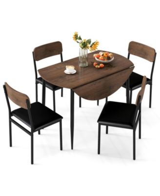 5-Piece Round Drop Leaf Dining Table Set with 4 Upholstered Chairs