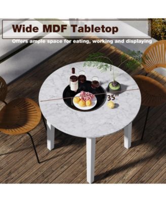 35 in Round Marble-Textured Dining Table with Rubber Wood Legs