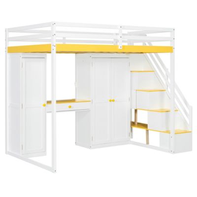 Loft Bed w/Storage Stairs, Vanity, Wardrobe, USB/Lights