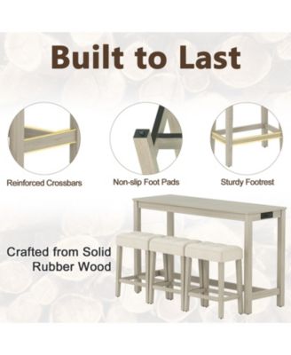 4-Piece Counter Height Bar Table Set with 3 Upholstered Stools and Built-in Charging Station, 59 x 20 x 35.5 in