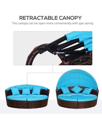 4-Piece Rattan Patio Furniture Set, Round Convertible Daybed or Sunbed with Adjustable Sun Canopy, Sectional Sofa, 2 Chairs, Table, 3 Pillows, Blue
