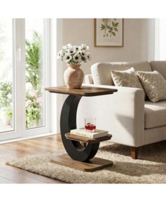Side Table, 2-Tier Narrow End Table, Industrial Wooden Side Table with Metal Arc-Shaped Frame, Bedside Nightstand
