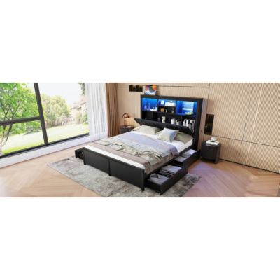 King Bed Frame w/ Storage Headboard, LED, Charging, 4 Drawers, Metal