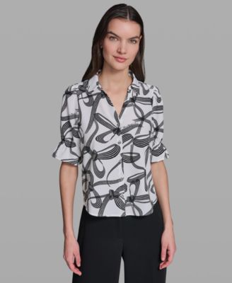 Petite Bow Print Collared Blouse