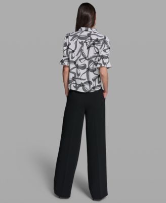 Petite Bow Print Collared Blouse