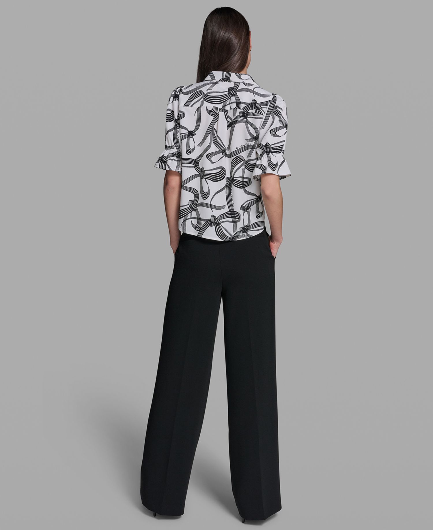 Petite Bow Print Collared Blouse