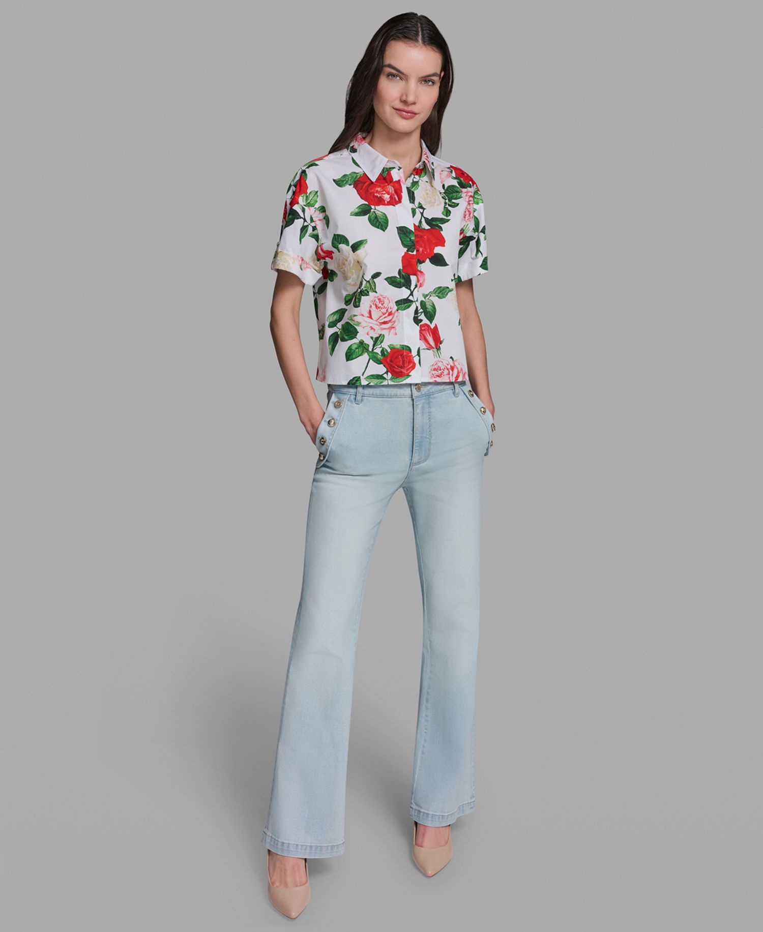 Petite Printed Poplin Collared Camp Top