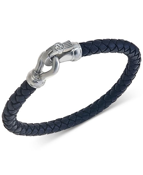 Esquire Men&#39;s Jewelry Woven Black Leather Bracelet with Stainless Steel Accents, Created for ...