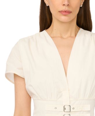 Women's V-Neck Short-Sleeve Cinch Waist Cotton Midi Dress