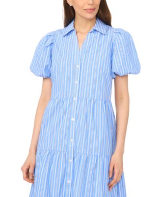 Women's Short-Sleeve Collared Midi Tiered Cotton Shirt-Dress