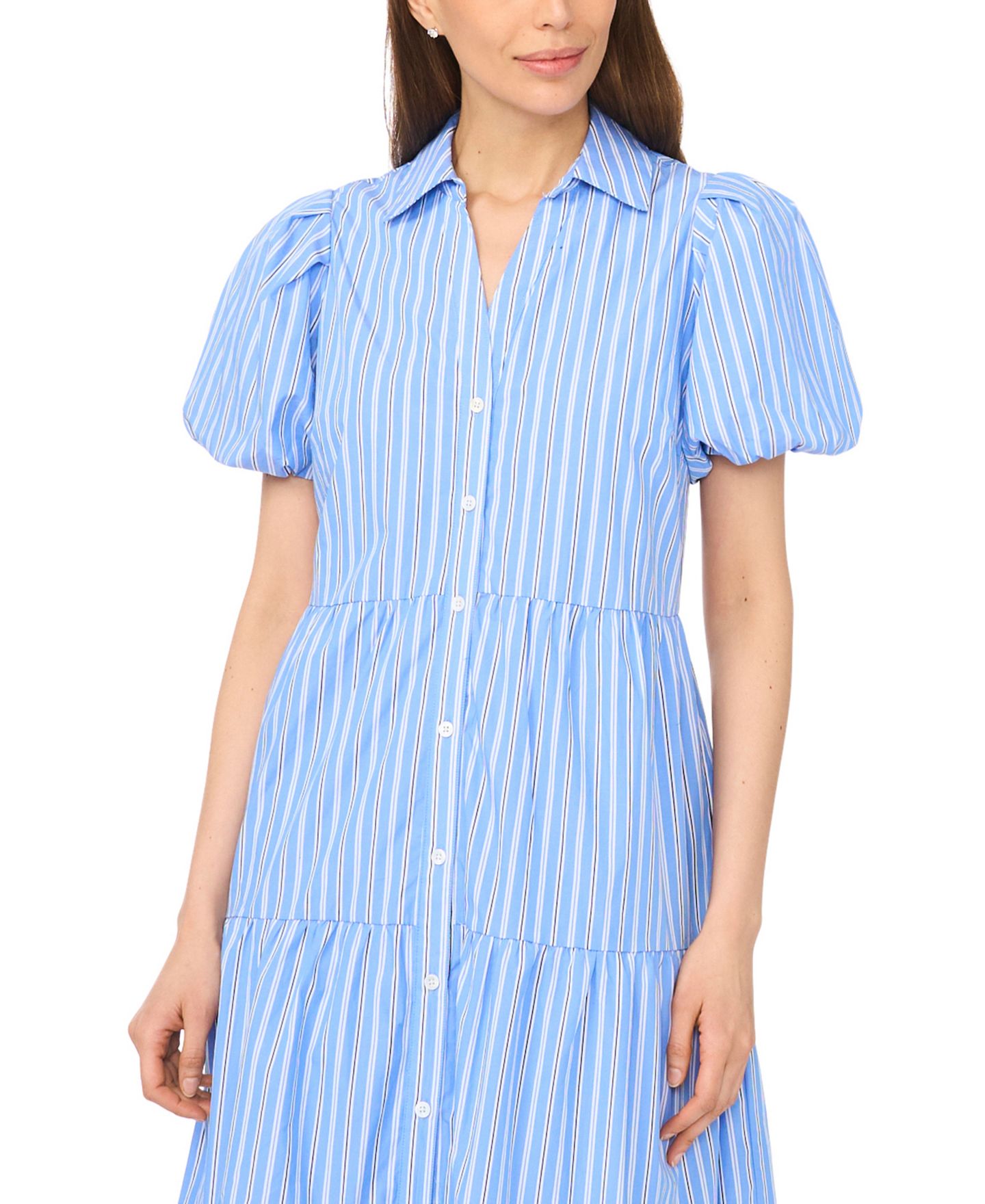 Женское платье CeCe Short-Sleeve Collared Midi Tiered Cotton Shirt-Dress, цвет: Синий — фото 2