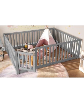 Full Size Bed Floor Bed with Safety Guardrails and Door for Kids