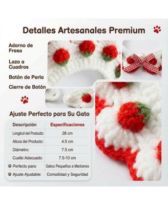 Handmade Crocheted Cat Collar Breakaway Cute Strawberry Bow Tie Soft Comfortable Adjustable for Kittens Small Puppies