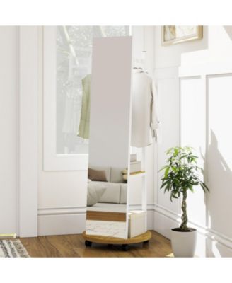 Freestanding Coat Rack with Full-Length Mirror, 3 Hooks and Storage Shelves on Wheels