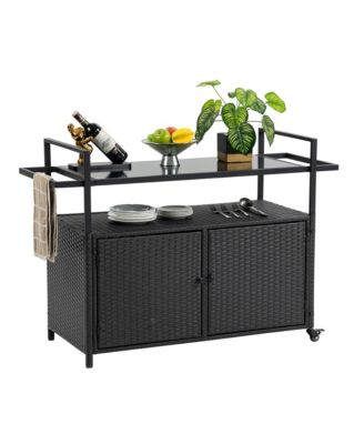 Outdoor Wicker Bar Cart with Wheels, Rattan Beverage Serving Cart with Glass Top for Patio