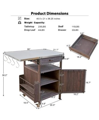 40.5inch Outdoor Grill Cart with Stainless Steel Top, Solid Wood Storage Cabinet with Drop Leaf, Drawer, Towel Rack and Lockable Wheels
