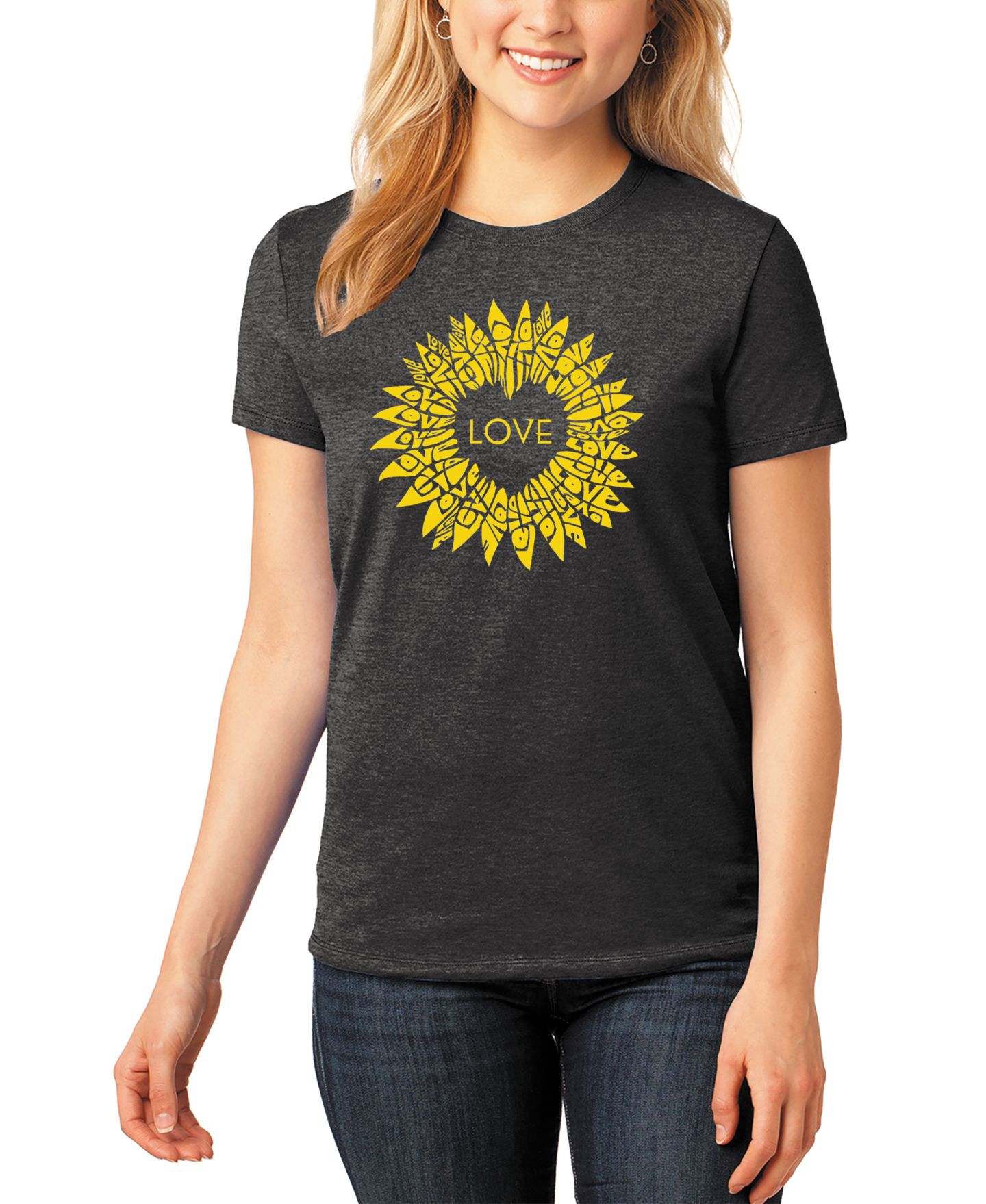 Женская футболка LA Pop Art Premium Blend Sunflower Love Word Art, цвет: Чёрный — фото 1