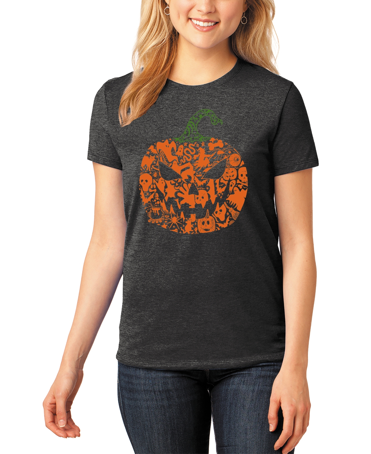 La Pop Art Women's Premium Blend Halloween Pumpkin Word T-Shirt