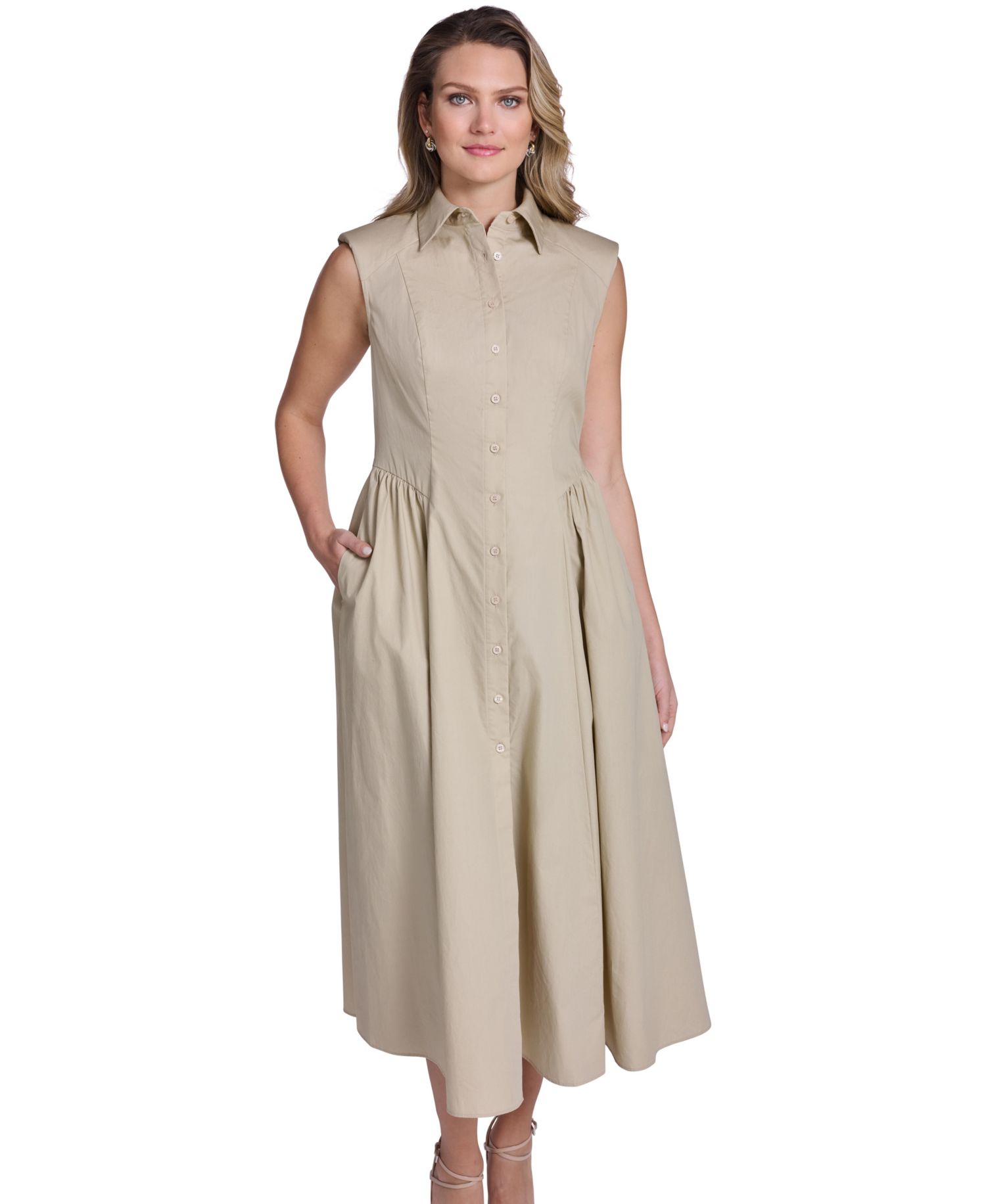 Women's Extended Cap Fit and Flare Seamed Shirt-Dress
