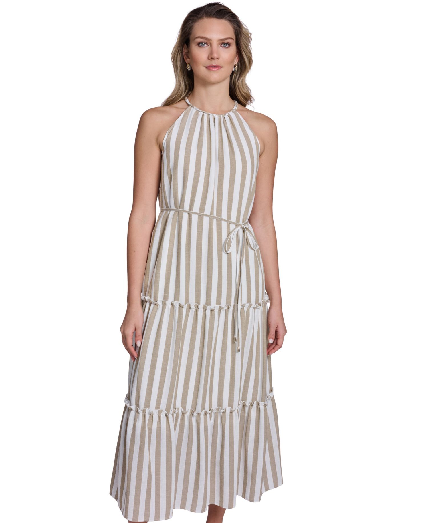 Women's Sleeveless Braided Halter Neck Tiered Midi Dress