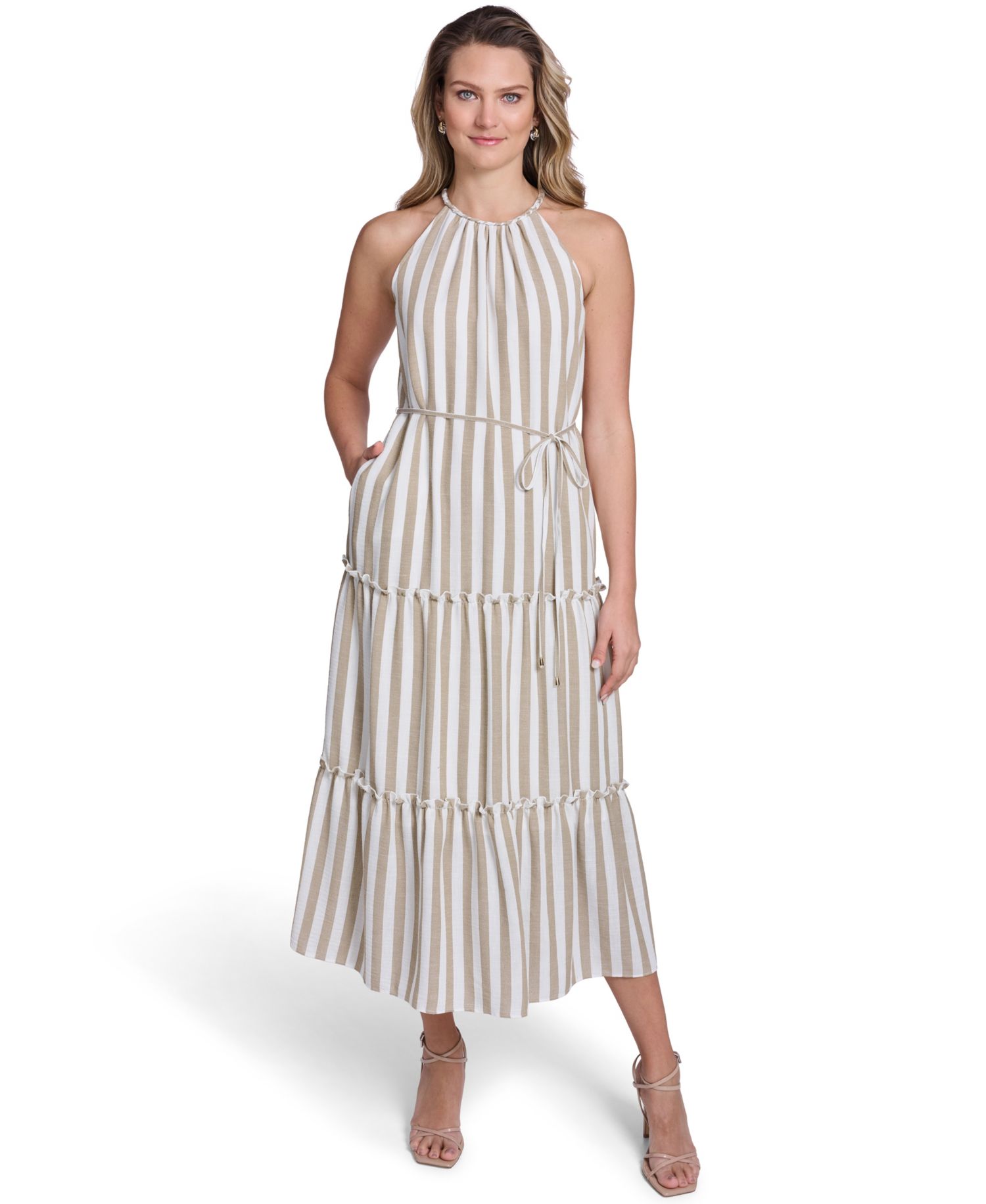 Women's Sleeveless Braided Halter Neck Tiered Midi Dress