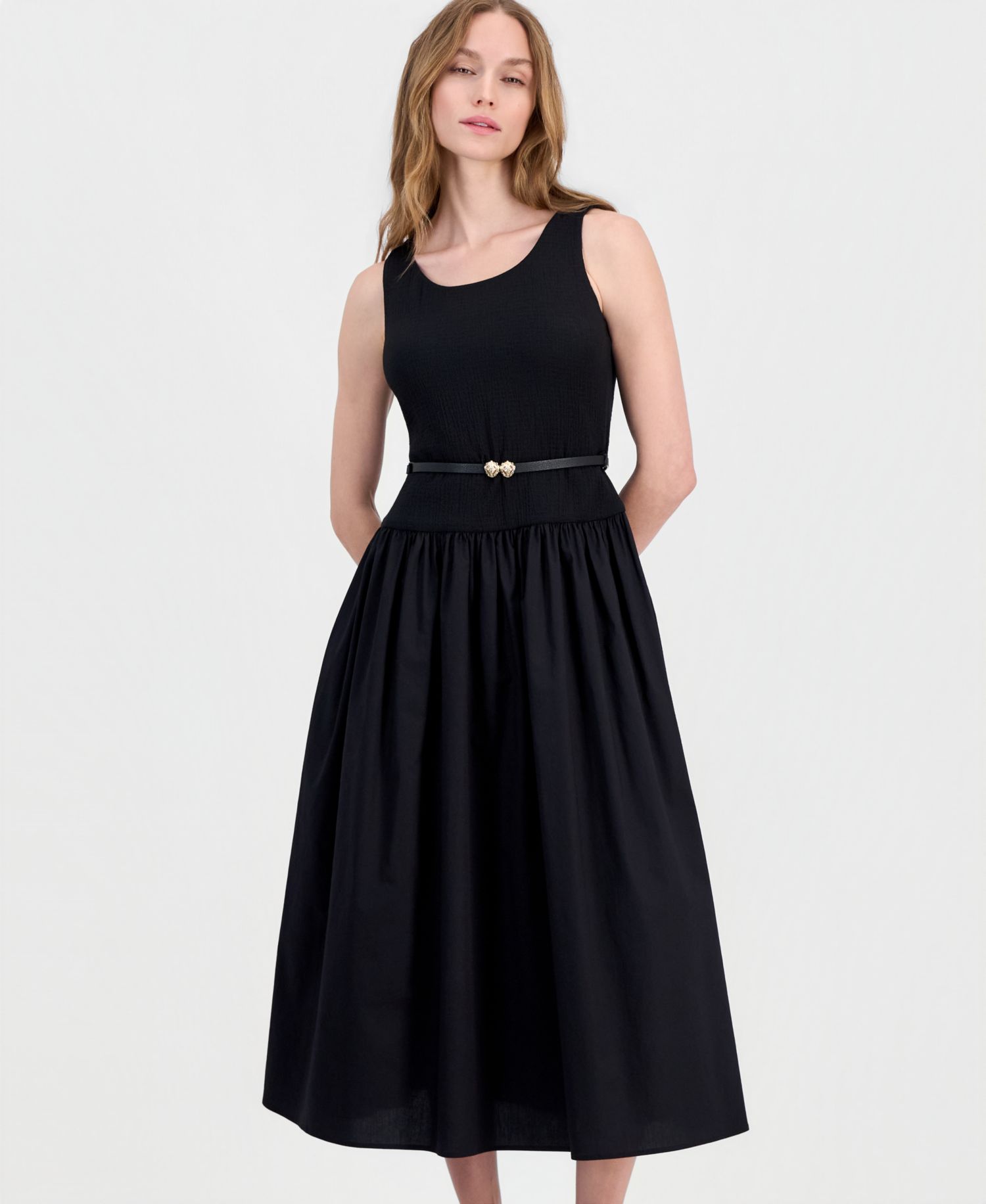 Petite Dropped-Waist Scoop-Neck Belted Dress