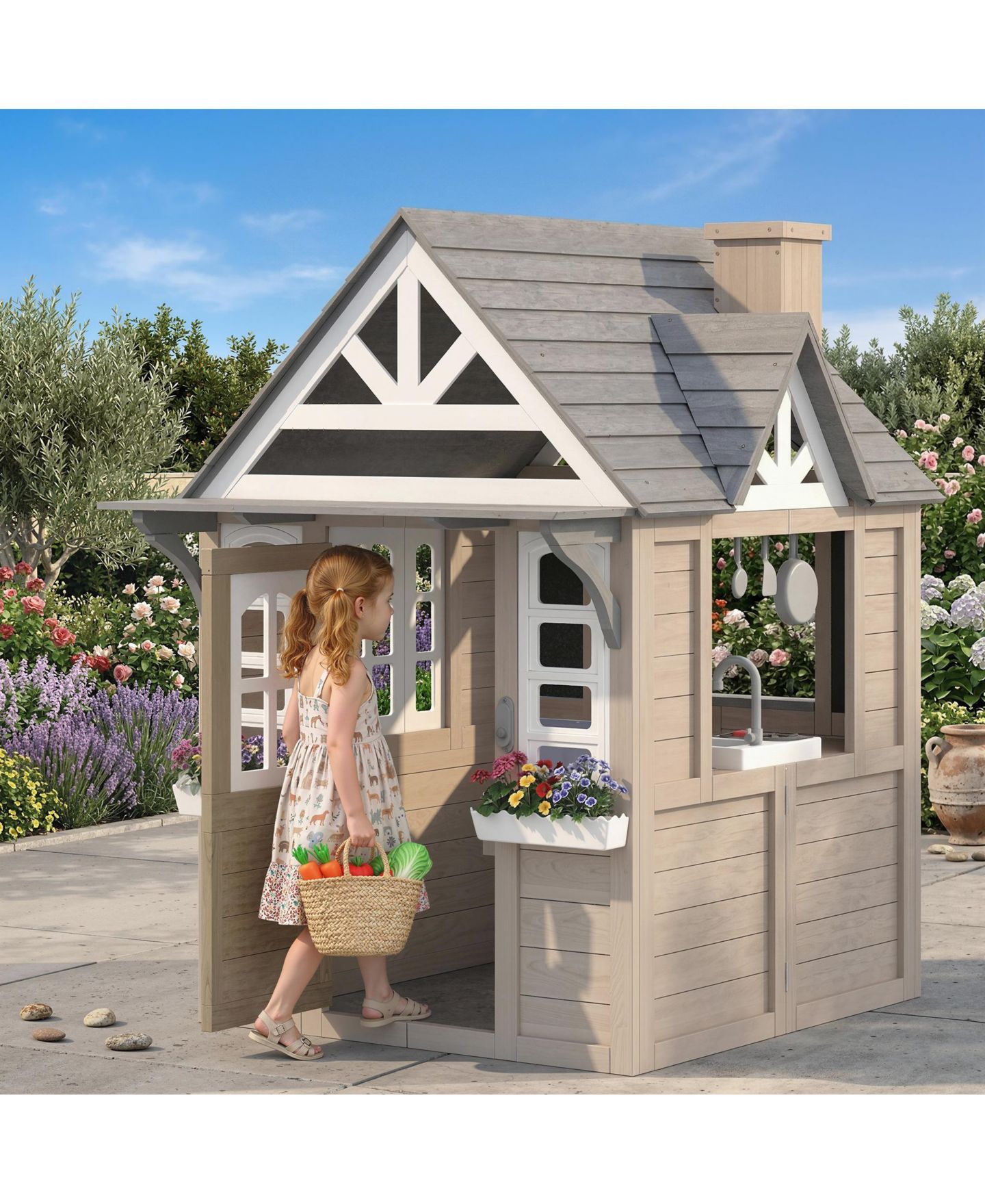 Детские игрушки Qaba Cottage 55.5"L x 44.9"W x 64.6"H Wooden Outdoor Playhouse with Play Stove Set and Dog Door, Fits Up to 4 Kids, Ages 2+, цвет: Серый — фото 2