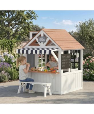 Outdoor Playhouse, Wooden Kids Playhouse with Dog Door for Garden