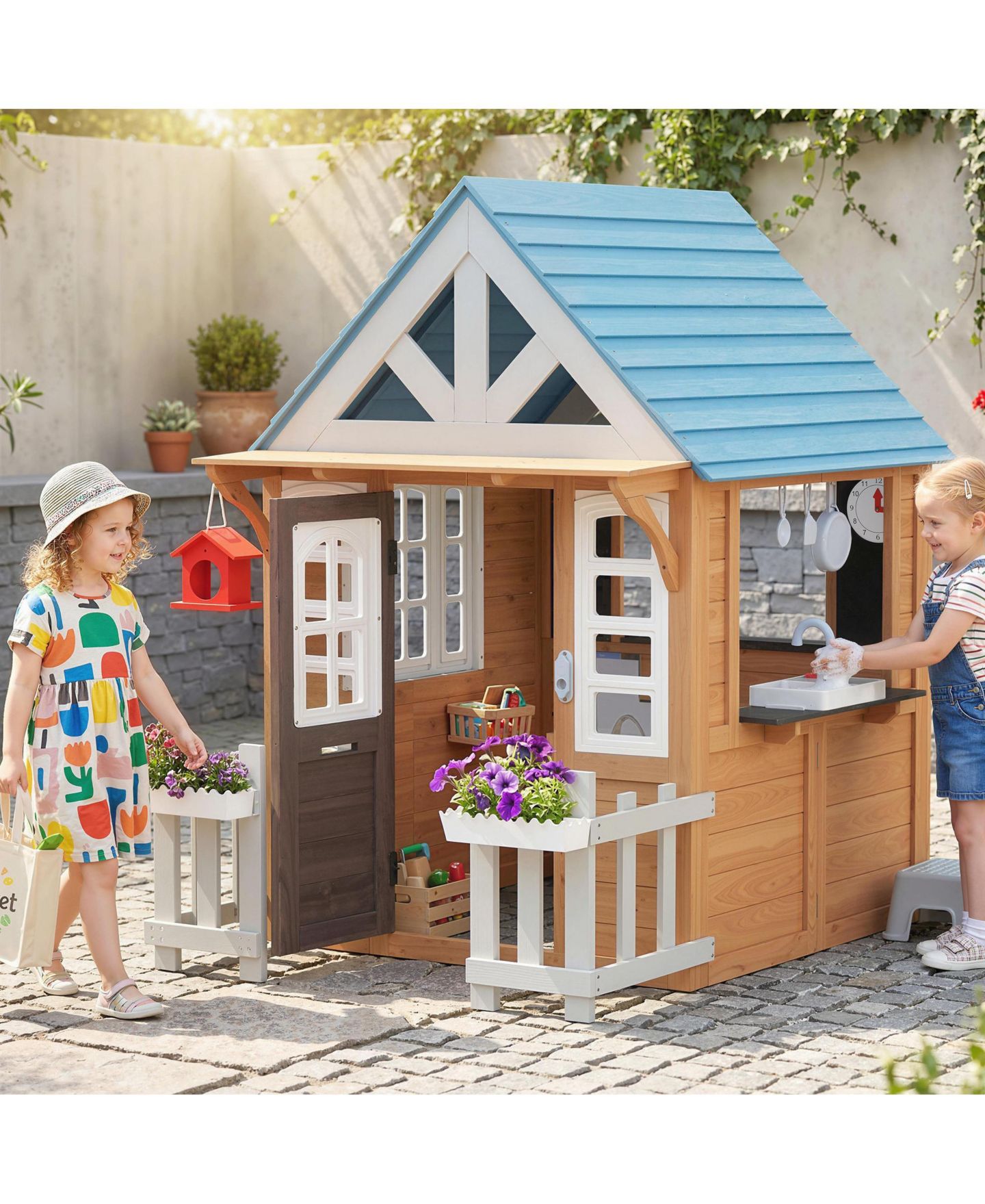 Детская игрушка Qaba Outdoor Play Kitchen Playhouse with Pet Door, Ages 2+, цвет: Коричневый — фото 2