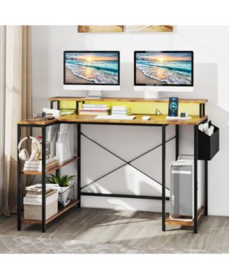 L-Shaped Gaming Desk with LED Lights and Power Outlets-Rustic Brown