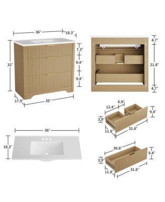 Fluted Bathroom Vanity with Sink, Farmhouse Freestanding Cabinet with 2 Drawers and Flip-Down Drawer, Easy Assembly