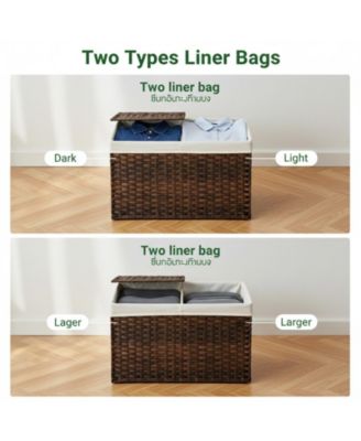 Storage Basket With Lid Woven Wicker 2 Bins 92 Gallon Foldable Removable Liners For Bedroom Laundry Room