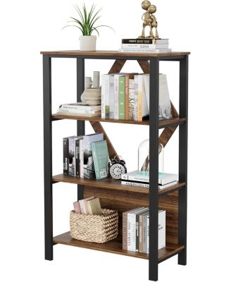 4-Tier Industrial Bookshelf with LED Lighting, Vintage Metal Display Bookcase, Heavy Duty Open Storage for Office, Bedroom