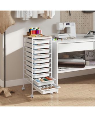 10-Drawer Rolling Storage Cart Mobile Utility Organizer with Wooden Tabletop and Lockable Wheels