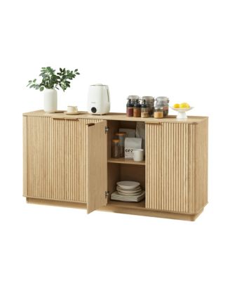  Curved Wave Design Sideboard, Modern 4-Door Storage Buffet Cabinet with Vertical Stripes and Gold Accent Handles for Living Room