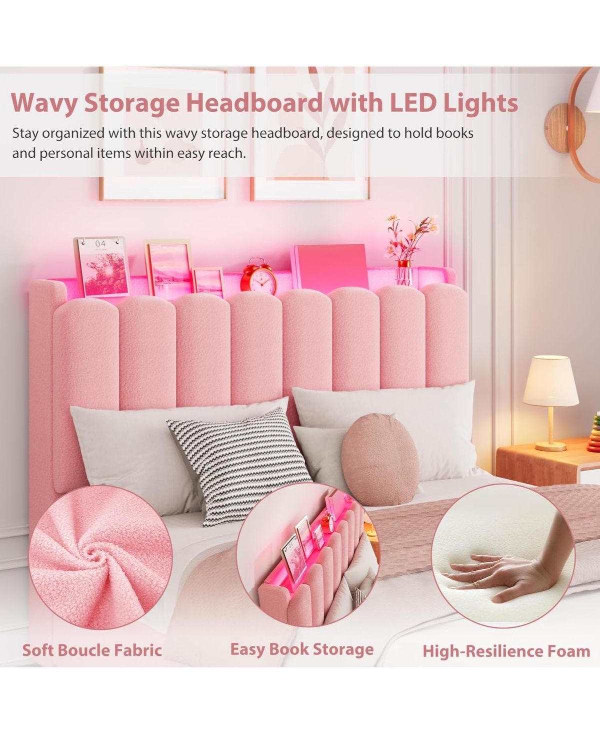 gaomon Led Bed Frame with Storage Headboard, Boucle Upholstered Platform for Girls, 2 Drawers and Bookcase