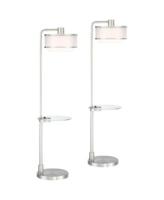 Vogue Modern Floor Lamps with Tray Tables 60" Tall Set of 2 Brushed Nickel USB Charging Port Double Shade for Living Room Bedroom