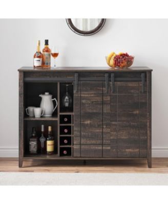 Farmhouse Bar Cabinet with Barn Doors, Wine Storage with Drawer and Open Shelves, Burnt Wood Finish, Home Bar