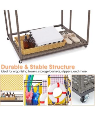 Outdoor Pool Towel Rack with 5 Bars, Durable PE Rattan and Steel, Trapezoid Design, Caster Wheels, Versatile Storage