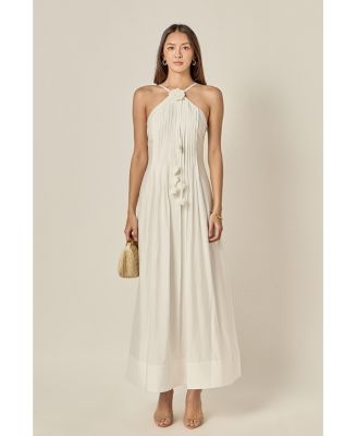 Women's Crochet Flower Trim Sheer Halter Maxi Dress