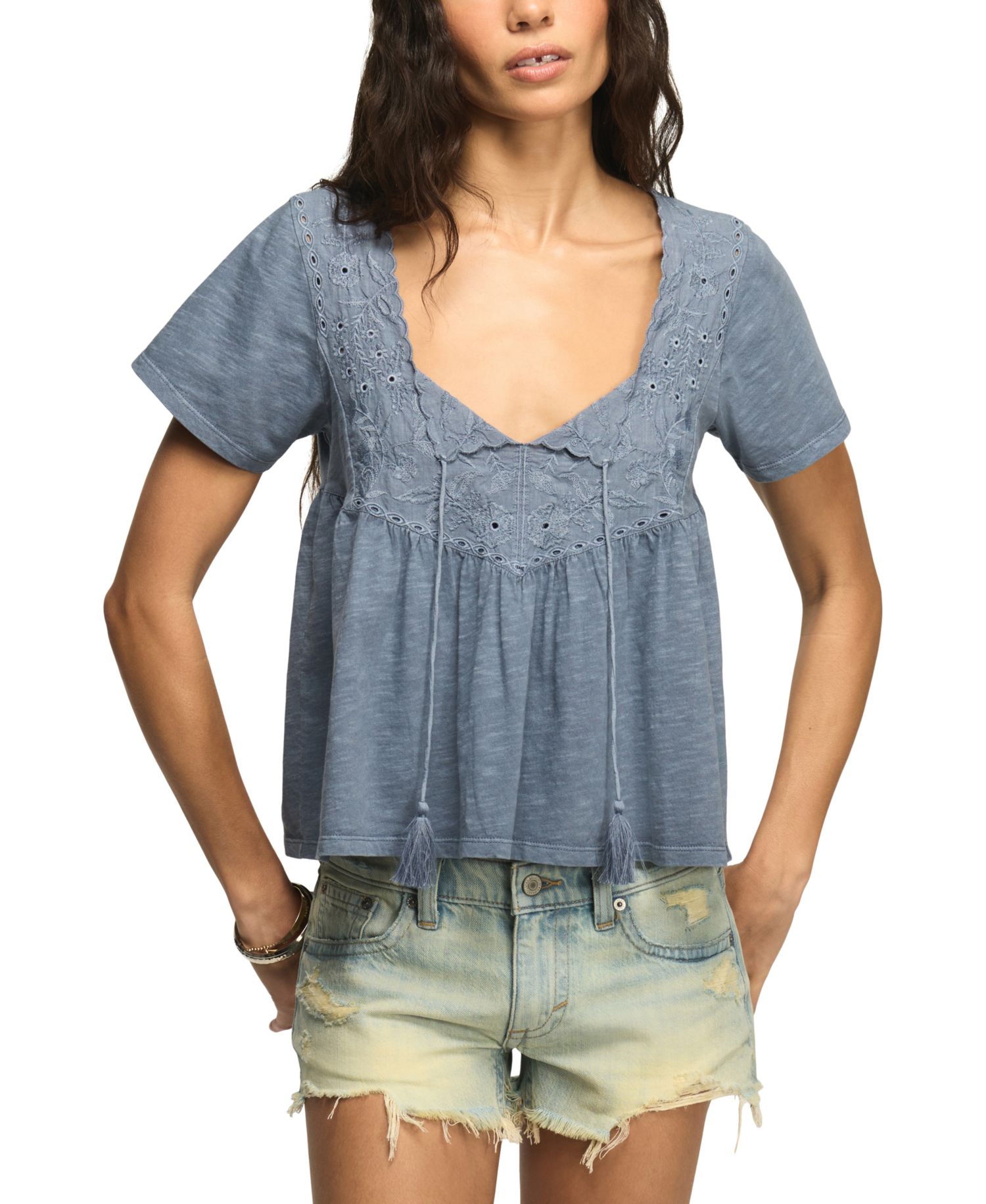 Women's Short-Sleeve Embroidered Yoke Tassel Top