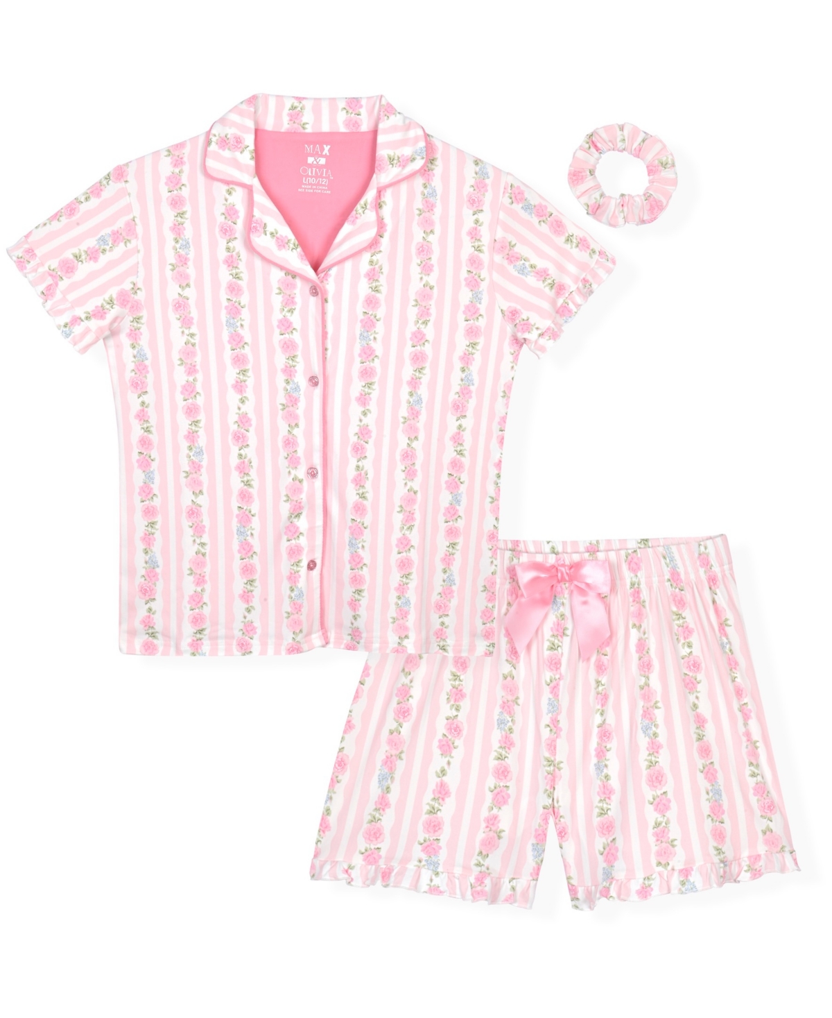 Max & Olivia Big Girls' Bow Trim Short Sleeve Top And Shorts Sleep Play, with Scrunchie, 3-Piece Set
