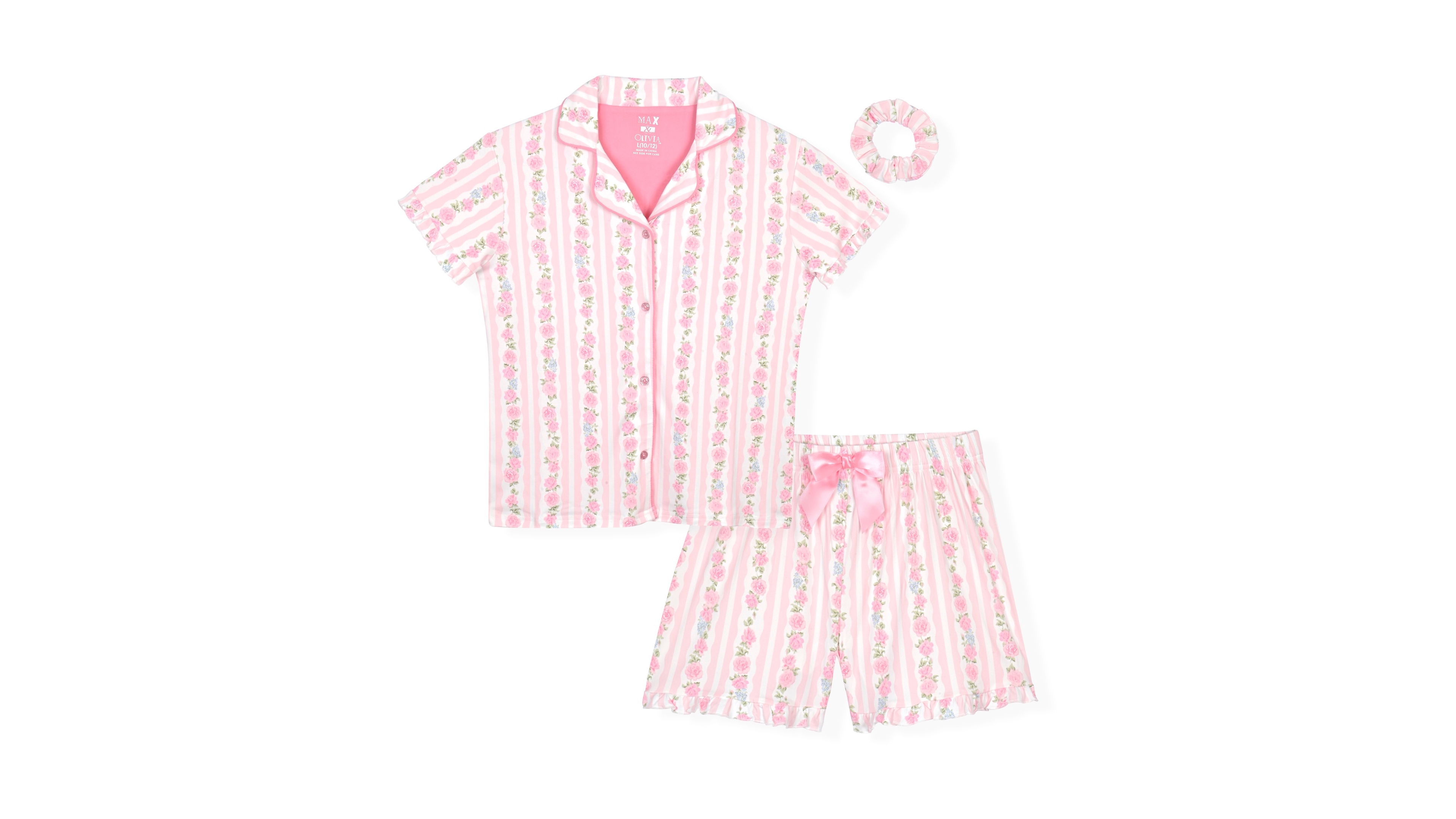 Max & Olivia Big Girls' Bow Trim Short Sleeve Top And Shorts Sleep Play, with Scrunchie, 3-Piece Set