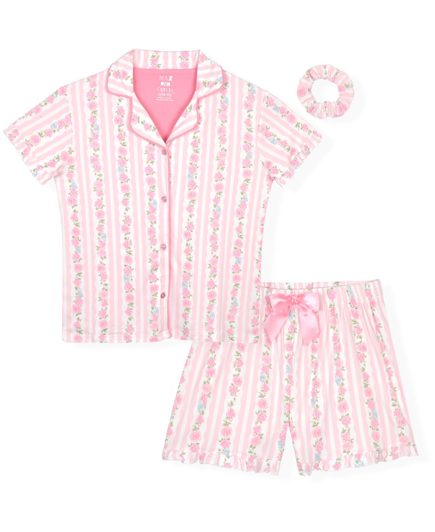 Big Girls' 6-16 Bow Trim Short Sleeve Top And Shorts Sleep & Play, with Scrunchie, 3-Piece Set