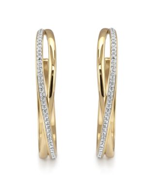 Criss Cross Clear Crystal C Hoop Earring, Gold Plate and Silver Plate