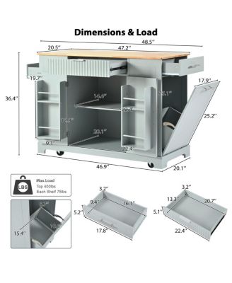 Rolling Kitchen Island Trash, Power, Storage, 3 Drawers