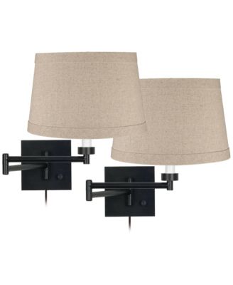 Modern Swing Arm Wall Lamps Set of 2 Espresso Bronze Plug-In Light Fixture Natural Linen Drum Bedroom Bedside