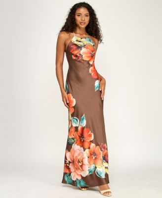 Juniors' Printed Halter Neck Ball Gown