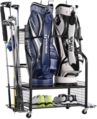Golf Bag Storage Rack with Wheels - All-in-One Golf Organizer for Bags, Clubs, Shoes and Balls