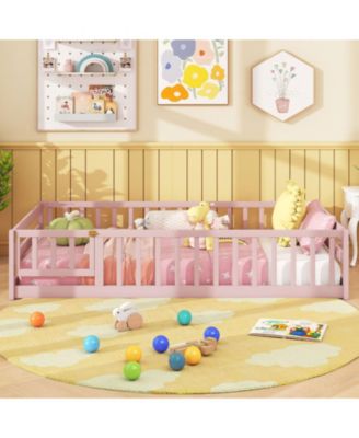 Twin Size Kids Montessori Floor Bed with Door and Protective Fence